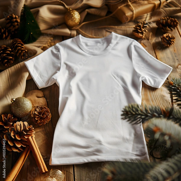 Obraz Mockup of a white t-shirt lying on the cosy holiday table.  white t-shirt lying on the home table. Mockup of a white t-shirt lying on holiday bed. White t-shirt lying on the cosy home bed.