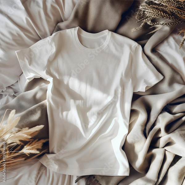 Obraz Mockup of a white t-shirt lying on the cosy holiday table.  white t-shirt lying on the home table. Mockup of a white t-shirt lying on holiday bed. White t-shirt lying on the cosy home bed.