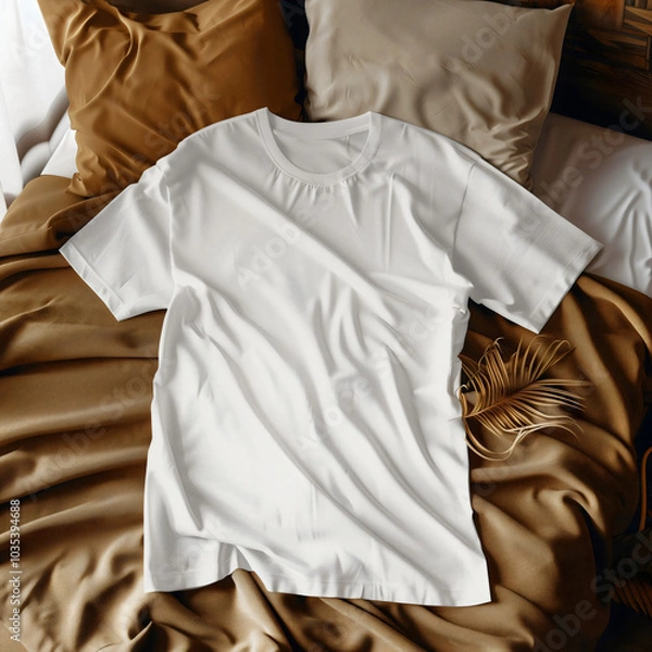 Obraz Mockup of a white t-shirt lying on the cosy holiday table.  white t-shirt lying on the home table. Mockup of a white t-shirt lying on holiday bed. White t-shirt lying on the cosy home bed.