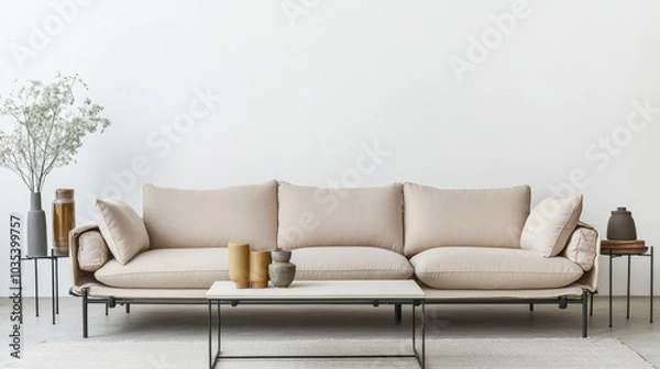 Fototapeta Beige Sofa with Coffee Table and Vases on White Background for Minimalist Boho Interior Design