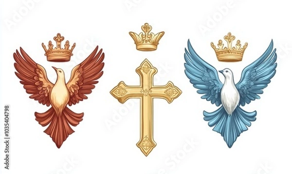 Obraz Holy Trinity symbols. Cross, crown and dove of Holy Spirit. Christian symbols against white background.  illustration, Generative AI