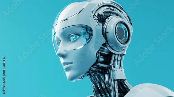 Fototapeta A landing page design for artificial intelligence and machine learning, featuring a banner that highlights AI concepts like chatbots and digital assistants. The graphic includes a cyber robot engaged 