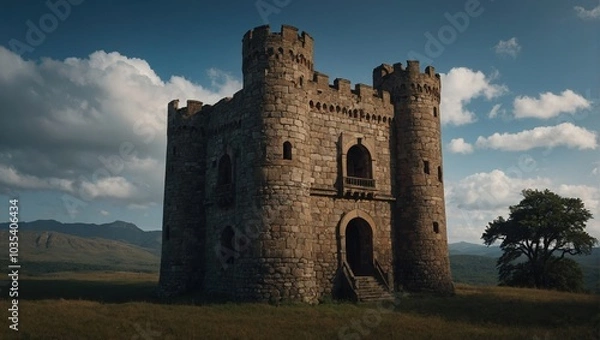 Fototapeta A beautiful pathway leads to the enchanting archer tower and its grounds