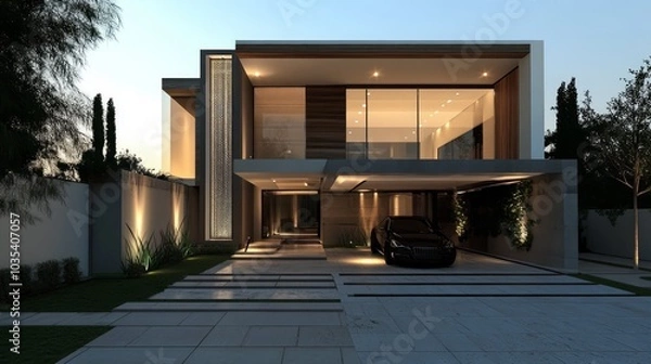 Obraz This image showcases a beautifully crafted modern minimalist house, highlighting clean lines and the use of materials like glass, wood, and concrete in its design