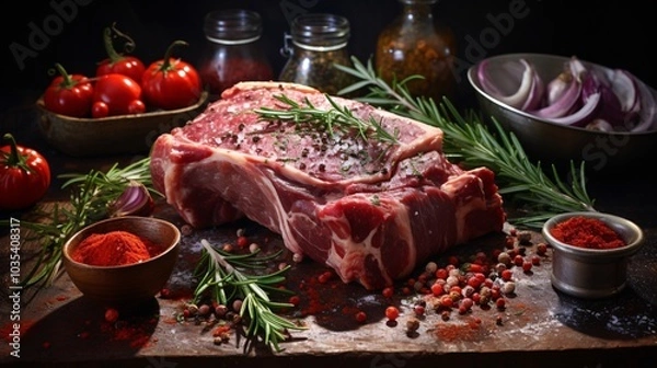 Fototapeta Raw pork shoulder ready for roasting with vegetables and spices