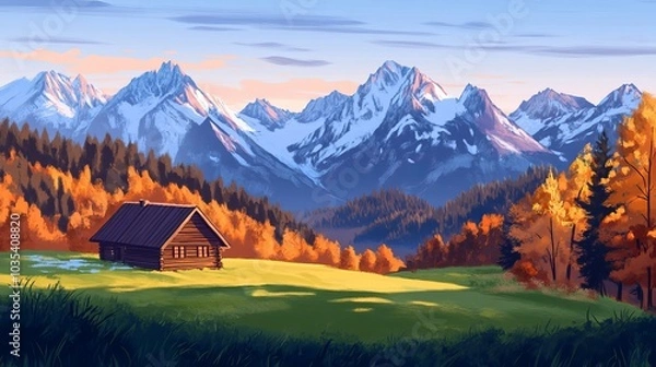 Fototapeta Wooden cabin on a beautiful green meadow at sunrise. Snowy mountains with orange forests and two groups of mountains in the background.