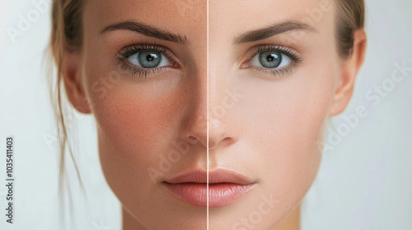 Obraz Half of the woman’s face displays signs of aging while the other half highlights the results of a facelift, showcasing rejuvenated skin and youthful appearance, facelift and facial surgery, botox