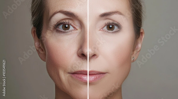 Fototapeta A woman's face is divided in half, illustrating the stark contrast between aging and rejuvenated skin after various cosmetic enhancements and a facelift, 