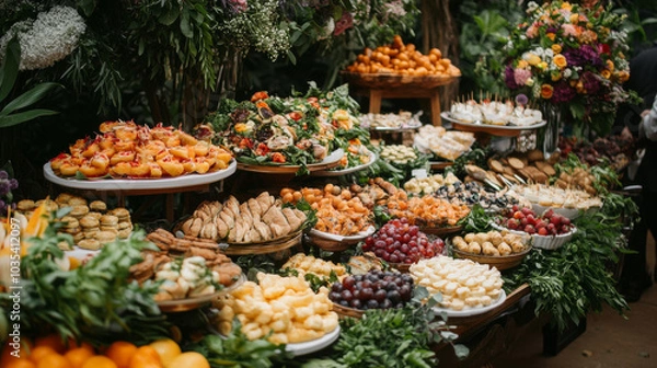 Fototapeta Catering buffet featuring a diverse selection of snacks and appetizers.



