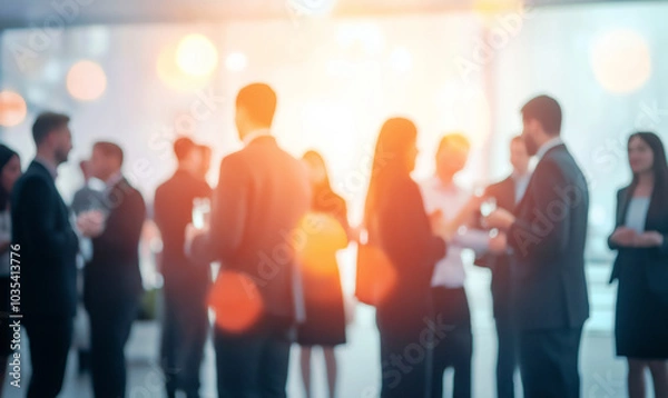 Obraz A vibrant networking event with business professionals engaging in conversation, blurred figures creating a sense of motion and activity