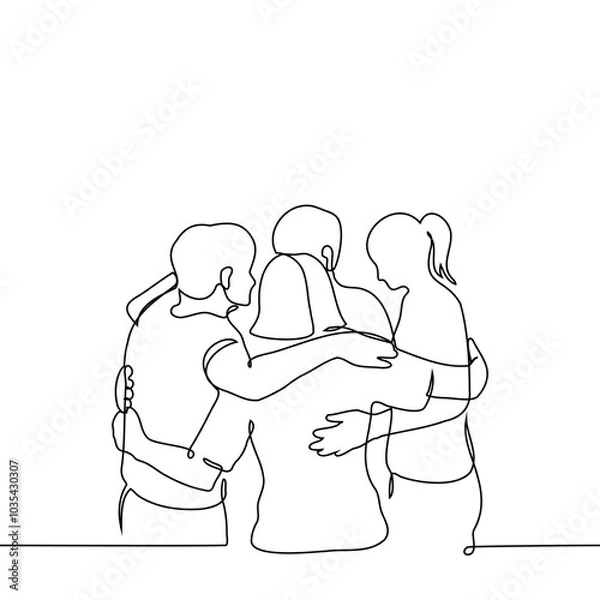 Fototapeta group of young people men women standing in a tight circle hugging - one line art vector. concept teamwork, collective, friends, siblings