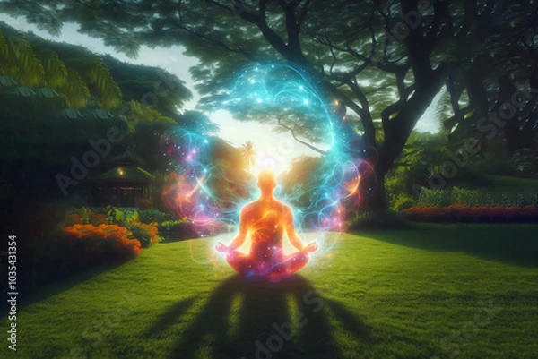 Fototapeta A man in the forest, unity with nature, environmental protection, harmony of body and soul, aura
