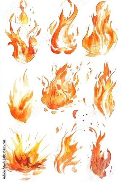 Fototapeta Watercolor Fire. Set of Hand-Drawn Flames in Isolated Sketch Illustration