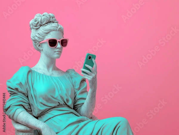 Obraz Ancient female statue wearing sunglasses, using a cell phone. Social media retrofuturism background