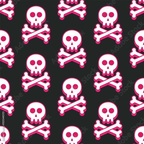 Fototapeta seamless pattern of skulls and crossbones in white with pink shadows on a black background