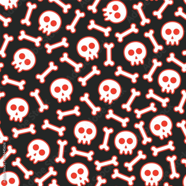 Fototapeta seamless pattern of skulls and bones with red outline shadows on black background