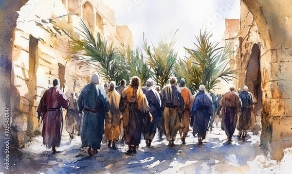 Obraz Jesus entering in Jerusalem. Palm Sunday. New Testament. Watercolor Biblical Illustration, Generative AI