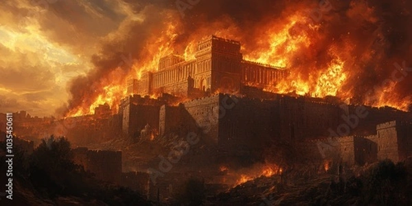 Fototapeta Tisha BAv. The destruction of the Temple of Jerusalem. The holy city of Jerusalem succumbs to fire and chaos as the Temple is razed. Digital, Generative AI