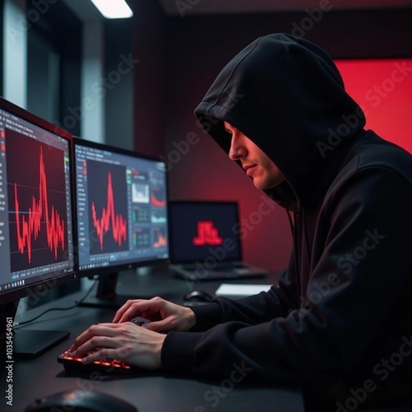 Obraz An intriguing hooded figure engrossed in cybersecurity data analysis amidst dynamic red digital visuals
