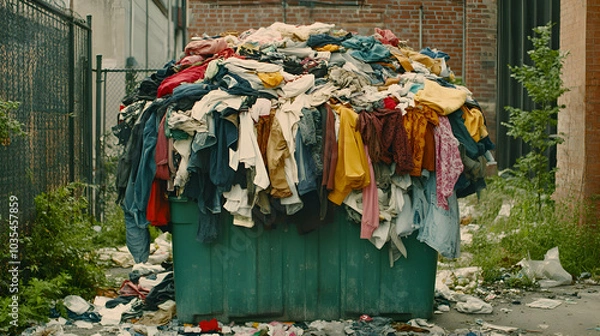 Obraz Pile of Discarded Clothing and Textiles in a Donation Center, Highlighting the Impact of Fast Fashion on Waste Management