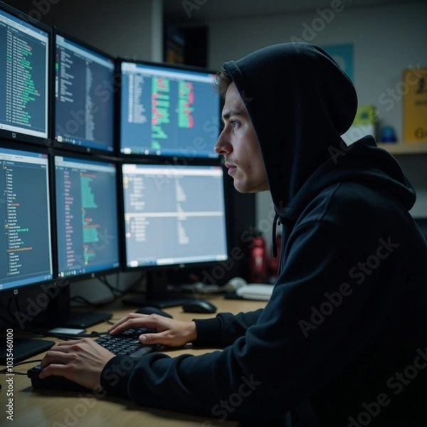Fototapeta A hooded hacker engrossed in cybercrime with multiple screens and dimly lit surroundings