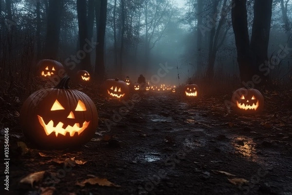 Fototapeta A mysterious forest path adorned with eerily smiling pumpkins under a veil of mist, evoking a sense of wonder and a hint of fear in the quiet of night.