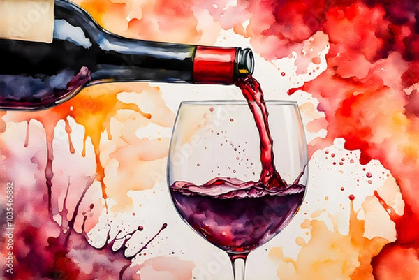 Fototapeta Watercolor painting of red wine is poured in to the glass on the abstract background.	