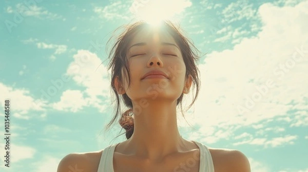 Obraz Serene Japanese Female Practicing Yoga Under Blue Sky
