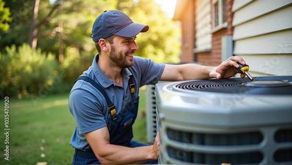 Fototapeta Heating, Ventilation and Air Conditioning technician checks and repairs a hvac system for faults and malfunctions and sets it up