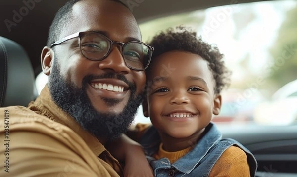 Fototapeta Happy father and son sitting at the back of the car, Generative AI