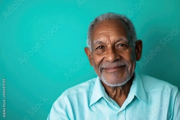 Obraz Elderly man in a dress shirt, smiling and looking directly at the camera, with a solid teal background and room for messaging