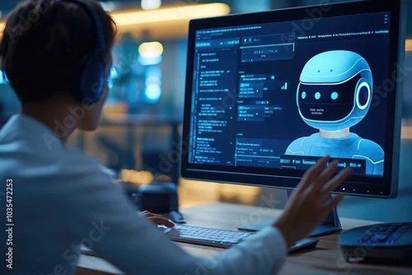 Obraz A businessperson monitors an AI chatbot system on their computer, assessing the system's performance in managing customer service interactions