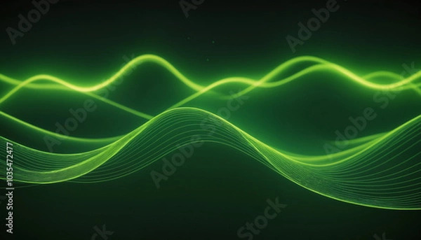 Fototapeta An abstract green wave design with glowing lines, ideal for technology themes, music events, or modern digital backgrounds.