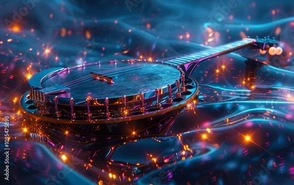 Fototapeta A vibrant, surreal image of a banjo floating in colorful, luminous water, surrounded by swirling lights and a dreamy atmosphere.