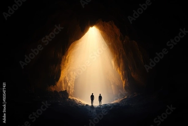 Fototapeta A dramatic cave scene featuring two silhouettes illuminated by a ray of light, evoking a sense of adventure and discovery.