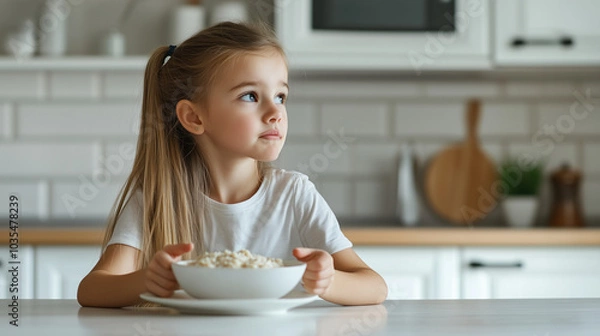 Fototapeta A child doesn't want to eat a healthy breakfast. Porridge for breakfast.