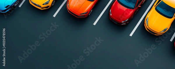 Fototapeta Aerial image of a busy parking lot, bright colorful cars forming a striking geometric arrangement
