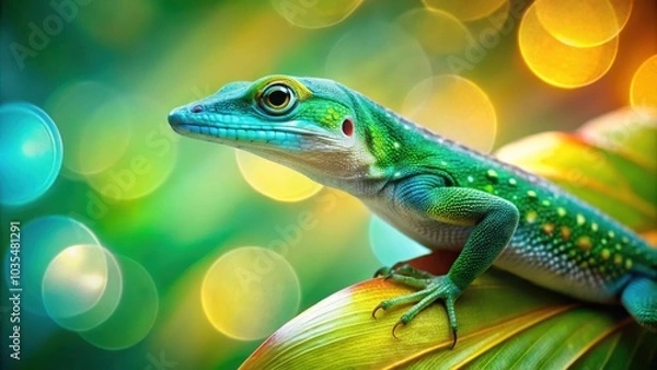Obraz A vibrant green lizard with blue accents perches on a lush green leaf, the bokeh of light creating a dreamlike atmosphere.
