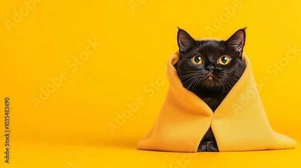 Fototapeta Fat black cat squeezed into a superhero costume, cape too small, funny pose, exaggerated comic style, vibrant colors, playful setting