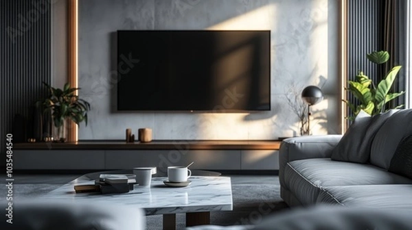 Fototapeta Modern living room interior design with a sofa, TV and coffee table.