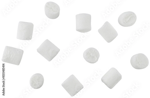 Obraz Flying white mini marshmallows isolated on a transparent background. Completely in focus.