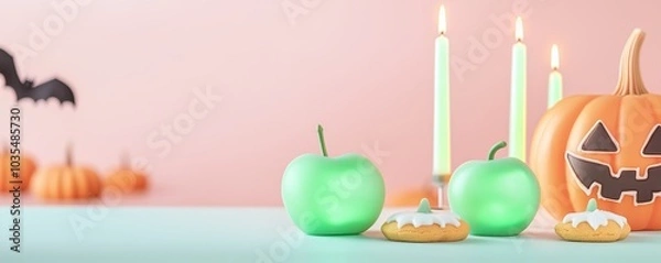 Fototapeta A table set for Halloween, filled with eerie greenglowing candy apples and pumpkinshaped cookies, illuminated by neon candles, Neon Gothic, surreal atmosphere