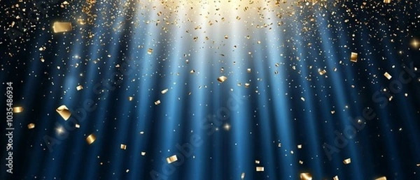 Fototapeta Spotlight on blue curtain background with falling golden confetti - perfect vector illustration for events, celebrations, and theatrical themes