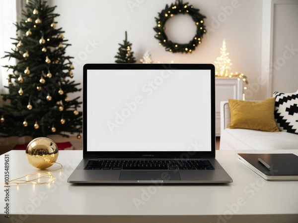Fototapeta Laptop with white blank screen on the background of the Christmas interior of living room. AI generated