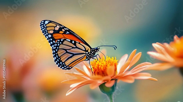 Fototapeta A colorful butterfly resting on a flower