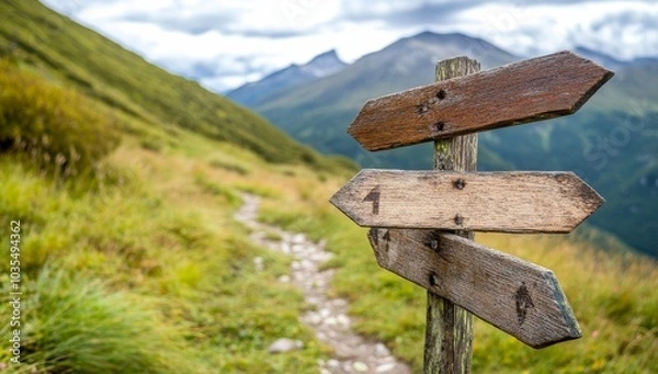 Fototapeta Wooden signs pointing in different directions on the path to the mountains, representing multiple route options for adventure travel and the journey of life concept.