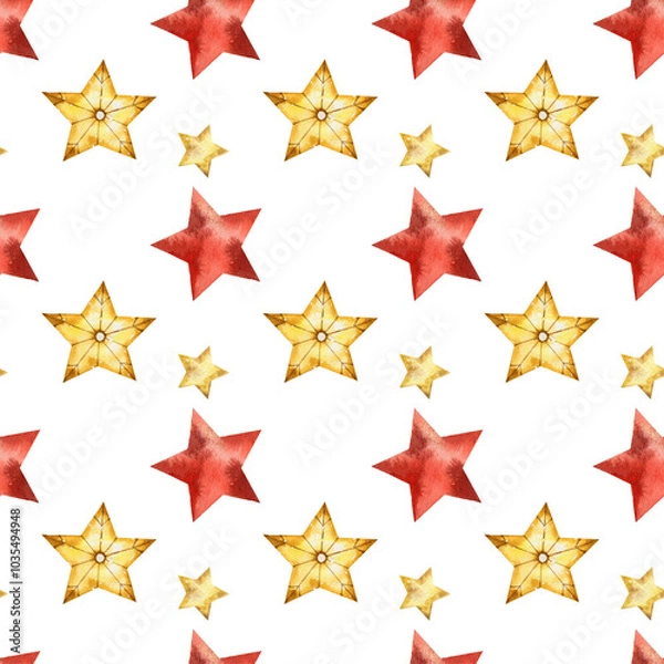 Fototapeta Seamless pattern of red and gold watercolor star isolated on white background. Festive symbol, traditional decorative element. Watercolor hand drawn illustration.