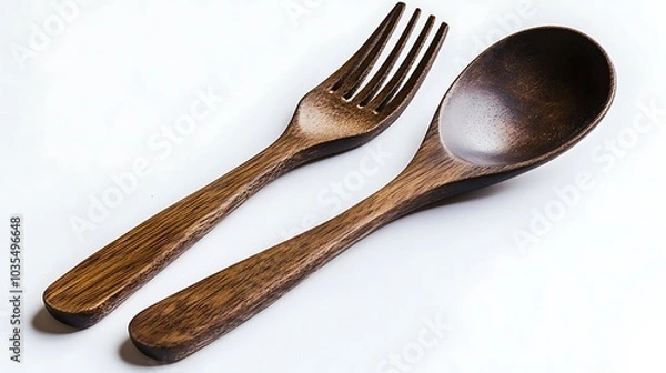 Fototapeta A wooden fork and spoon, lying side by side.

