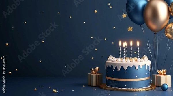 Fototapeta Blue and golden happy birthday cake invitation card banner background with balloons, candle, and gift box - perfect for celebrations, party invitations, and festive event designs