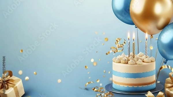 Fototapeta Blue and golden happy birthday cake invitation card banner background with balloons, candle, and gift box - perfect for celebrations, party invitations, and festive event designs
